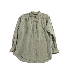 Uniqlo Shirt Women M Sage Green Linen Blend Collared Button-Up Long Sleeve